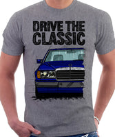 Drive The Classic Mercedes W124 Early Model Bumper Version 1. T-shirt in Heather Grey Colour