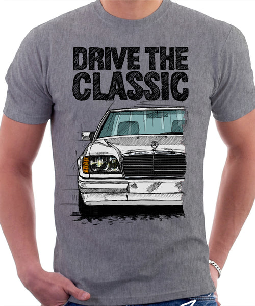 Drive The Classic Mercedes W124 Late Model Colour Bumper. T-shirt in Heather Grey Colour