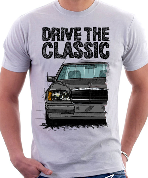 Drive The Classic Mercedes W124 Late Model Colour Bumper. T-shirt in White Colour