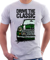 Drive The Classic Mini Cooper (Hood Stripes). T-shirt in White Colour