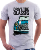 Drive The Classic Mini Cooper (Hood Stripes). T-shirt in White Colour