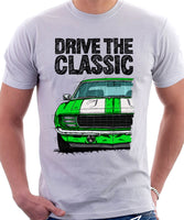 Drive The Classic Chevrolet Camaro RS 1969. T-shirt in White Color