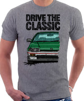 Drive The Classic Honda CRX 1st Gen Early Model. T-shirt in Heather Grey Color.