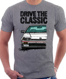 Drive The Classic Honda CRX 1st Gen Early Model. T-shirt in Heather Grey Color.