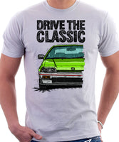 Drive The Classic Honda CRX 1st Gen Early Model. T-shirt in White Color.