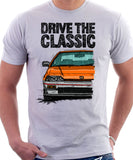 Drive The Classic Honda CRX 1st Gen Late Model. T-shirt in White Color.