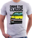 Drive The Classic Honda CRX 1st Gen Late Model. T-shirt in White Color.