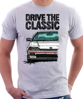 Drive The Classic Honda CRX 1st Gen Late Model. T-shirt in White Color.