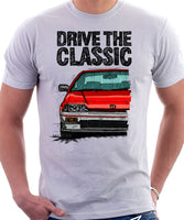 Drive The Classic Honda CRX 1st Gen Late Model. T-shirt in White Color.