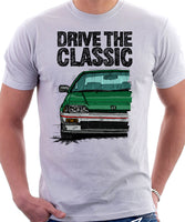 Drive The Classic Honda CRX 1st Gen Late Model. T-shirt in White Color.