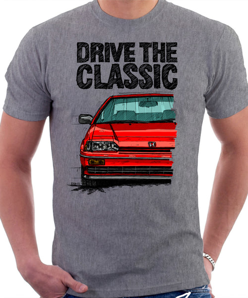 Drive The Classic Honda CRX Si 1st Gen . T-shirt in Heather Grey Color.