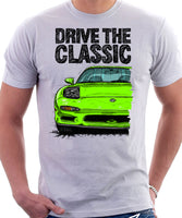 Drive The Classic Mazda RX7 FD Early Model Lights Open. T-shirt in White Color