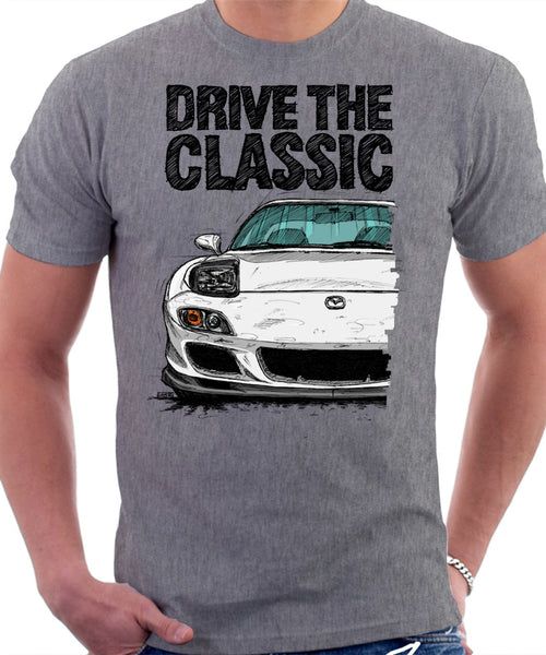 Drive The Classic Mazda RX7 FD Late Model Lights Open. T-shirt in Heather Grey Color