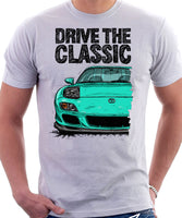 Drive The Classic Mazda RX7 FD Late Model Lights Open. T-shirt in White Color