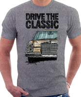 Drive The Classic Mercedes W108/109 Late Model Double Headlights. T-shirt in Heather Grey Colour