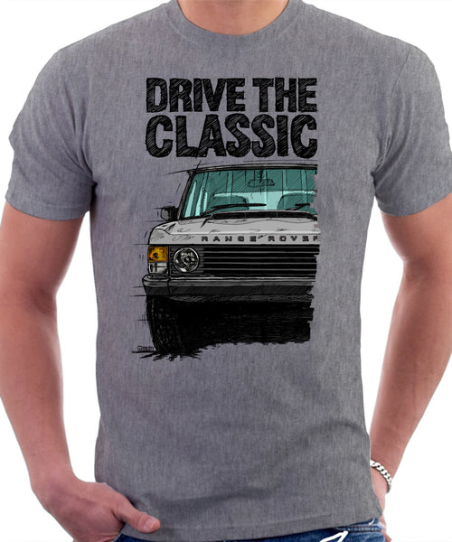 Drive The Classic Range Rover Classic Late Model. T-shirt in Heather Grey Color.