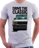 Drive The Classic Range Rover Classic Late Model Big Bumper. T-shirt in White Color.