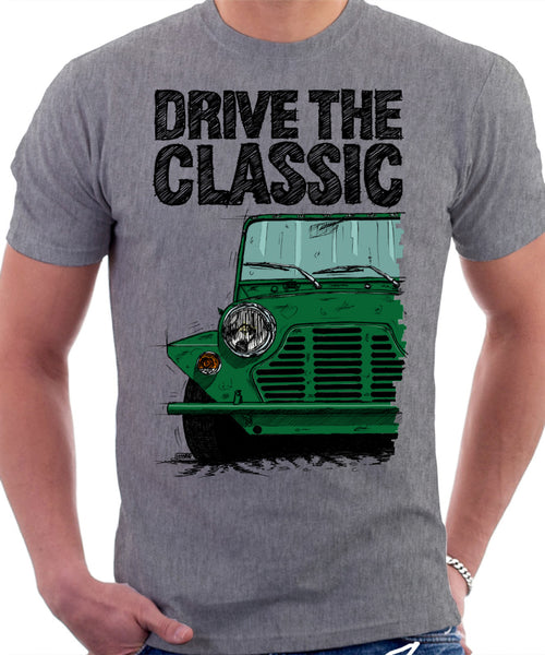 Drive The Classic Mini Moke Early Model. T-shirt in Heather Grey Colour