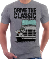 Drive The Classic Mini Moke Early Model. T-shirt in Heather Grey Colour