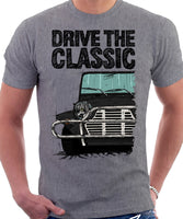 Drive The Classic Mini Moke Late Model. T-shirt in Heather Grey Colour