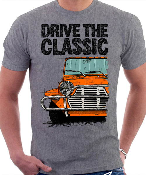 Drive The Classic Mini Moke Late Model. T-shirt in Heather Grey Colour