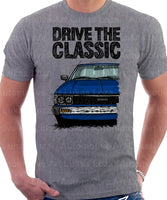 Drive The Classic Toyota Corolla KE70 Round Headlights. T-shirt in Heather Grey Colour