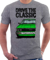 Drive The Classic Toyota Corolla KE70 Round Headlights. T-shirt in Heather Grey Colour