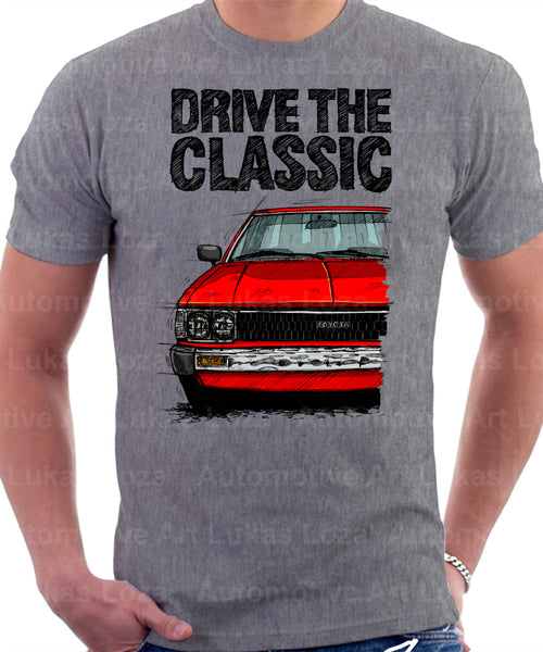 Drive The Classic Toyota Corolla KE70 Round Headlights. T-shirt in Heather Grey Colour