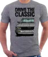 Drive The Classic Toyota Corolla KE70 Square Headlights Chrome Bumper. T-shirt in Heather Grey Colour