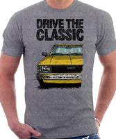 Drive The Classic Toyota Corolla KE70 Square Headlights Chrome Bumper. T-shirt in Heather Grey Colour