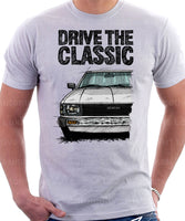 Drive The Classic Toyota Corolla KE70 Square Headlights Chrome Bumper. T-shirt in White Colour