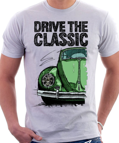 Drive The Classic VW Type 1 Beetle Early Model (Oval) . T-shirt in White Colour