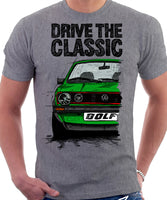 Drive The Classic VW Golf Mk1 GTI Late Model. T-shirt in Heather Grey Colour