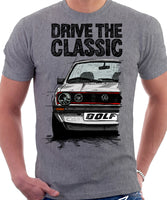 Drive The Classic VW Golf Mk1 GTI Late Model. T-shirt in Heather Grey Colour