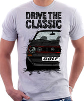 Drive The Classic VW Golf Mk1 GTI Late Model. T-shirt in White Colour