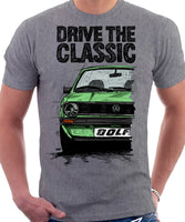 Drive The Classic VW Golf Mk1 Early Model. T-shirt in Heather Grey Colour