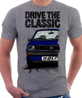 Drive The Classic VW Golf Mk1 Early Model. T-shirt in Heather Grey Colour