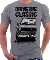 Drive The Classic VW Golf Mk1 Early Model. T-shirt in Heather Grey Colour