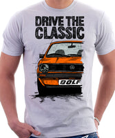 Drive The Classic VW Golf Mk1 Early Model. T-shirt in White Colour