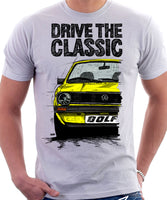 Drive The Classic VW Golf Mk1 Early Model. T-shirt in White Colour