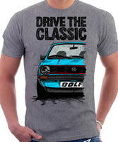 Drive The Classic VW Golf Mk1 GTI Early Model. T-shirt in Heather Grey Colour