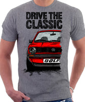 Drive The Classic VW Golf Mk1 GTI Early Model. T-shirt in Heather Grey Colour