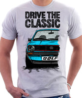 Drive The Classic VW Golf Mk1 GTI Early Model. T-shirt in White Colour