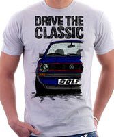 Drive The Classic VW Golf Mk1 GTI Early Model. T-shirt in White Colour