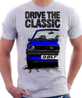 Drive The Classic VW Golf Mk1 Late Model. T-shirt in White Colour