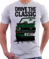 Drive The Classic VW Golf Mk1 Late Model. T-shirt in White Colour