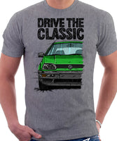 Drive The Classic VW Golf Mk3 Black Bumper. T-shirt in Heather Grey Color.