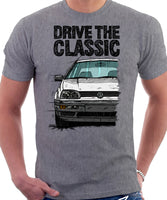 Drive The Classic VW Golf Mk3 Black Bumper. T-shirt in Heather Grey Color.