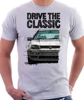 Drive The Classic VW Golf Mk3 Black Bumper. T-shirt in White Color.