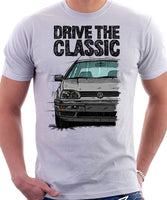 Drive The Classic VW Golf Mk3 Black Bumper. T-shirt in White Color.